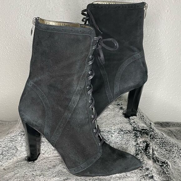 Diane Von Furstenberg Suede Mid Calf Black Lace Up Heeled Boots Size 9.5 - Picture 1 of 15
